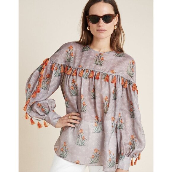 SACHIN + BABI Acacia Floral Tasseled Sheer Boho Blouse - Size S - Picture 1 of 16